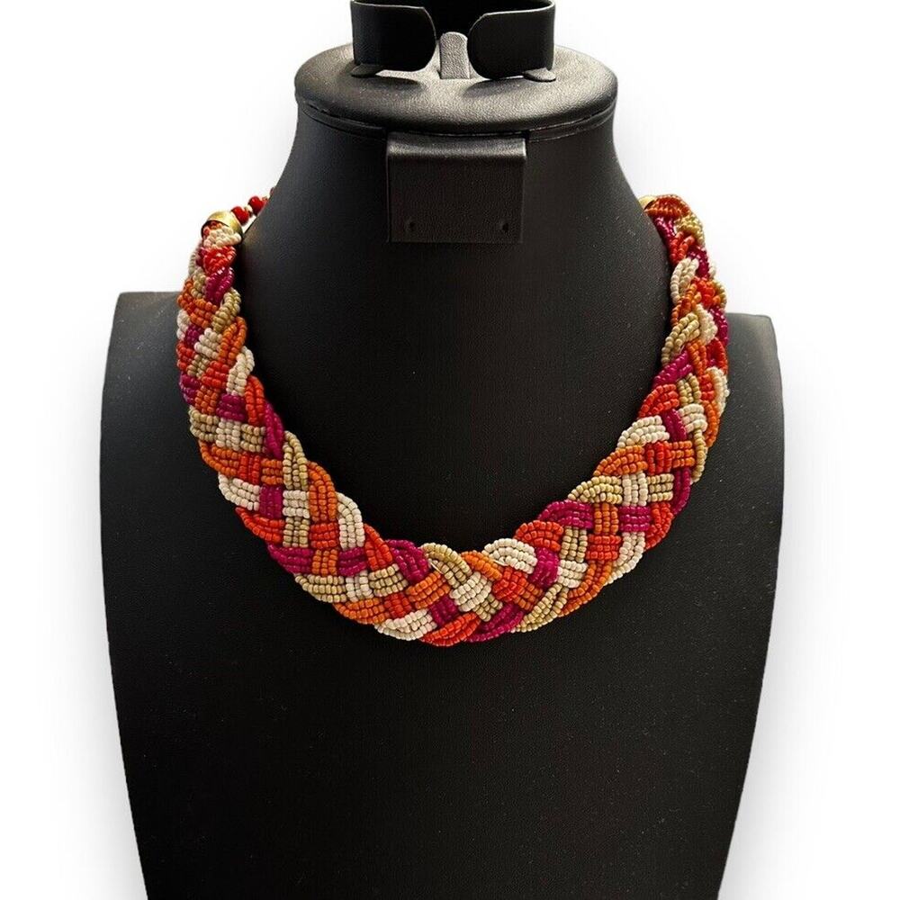 Braided Collar Choker Style Seed Bead 22” Statement Necklace Pink Orange White